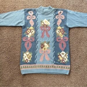 Vintage 80s Alfred Dunner Floral Bows Mock Neck Knit Sweater Powder Blue sz S/M